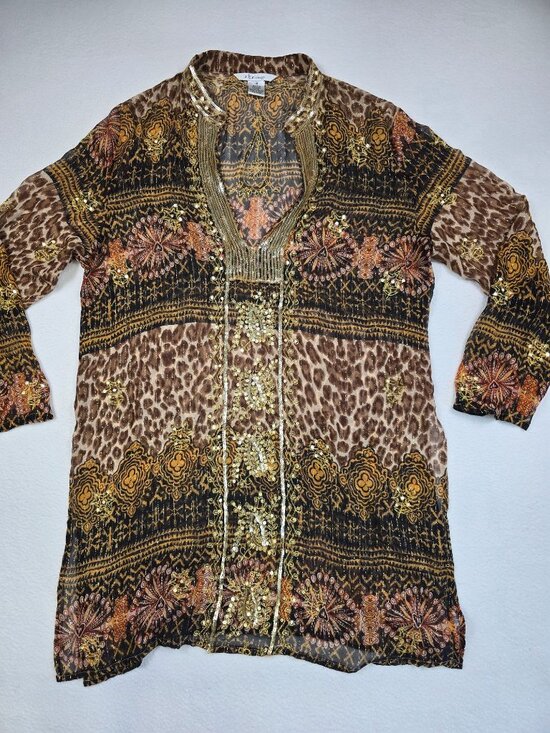 Z.B.D. Design Tops - ZBD Design Womens Silk & Lurex Tunic Top Size 16 Sheer Metallic Sequins No Linin